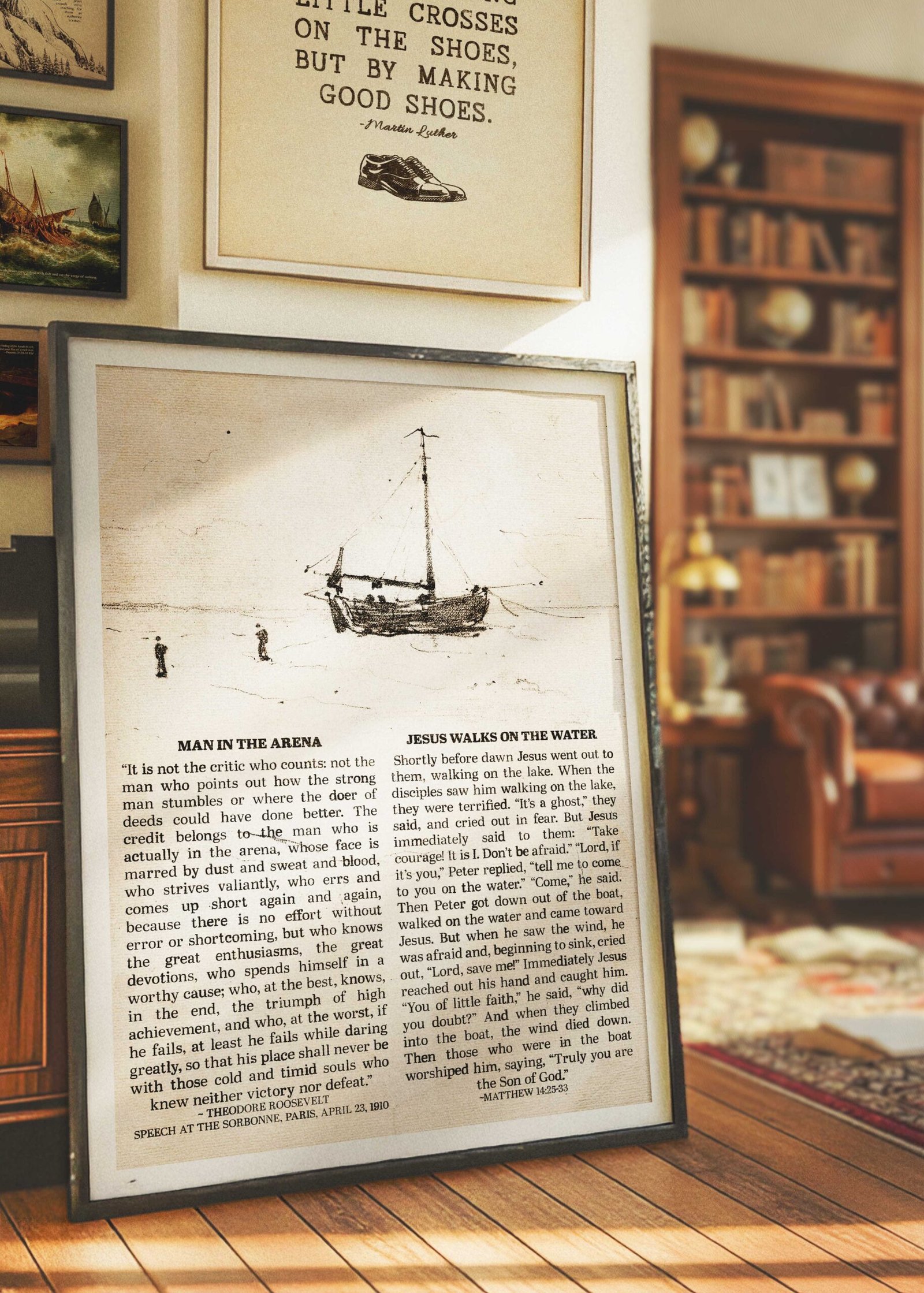 Matthew 14:25–33 Scripture Wall Art Peter Walking on Water Christian Wall Art combined with Man in the Arena Theodore Roosevelt Print - Image 4