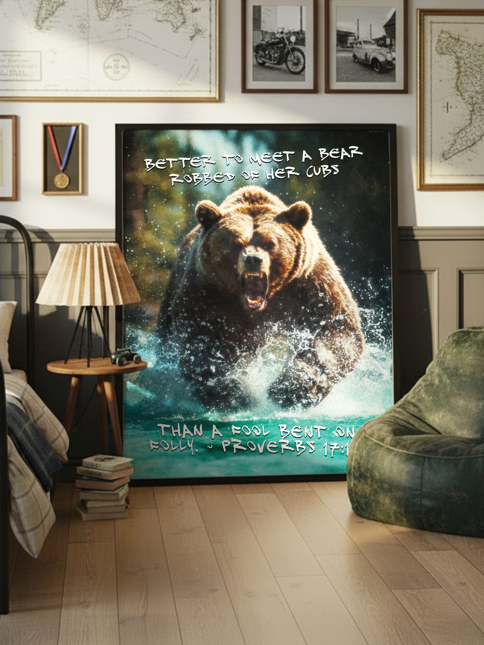 Christian Bible Verse Boys Room Vintage Wall Art Print Home & Office Décor "Better to Meet a Bear" Proverbs 17:12 (Digital Download)