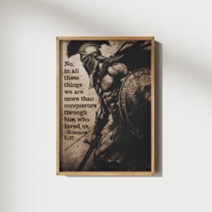 Alternative view of Romans 8:37 Bible Verse Art Conqueror Spartan Warrior Digital Print Instant Download Moody Vintage Christian Wall Art for Men