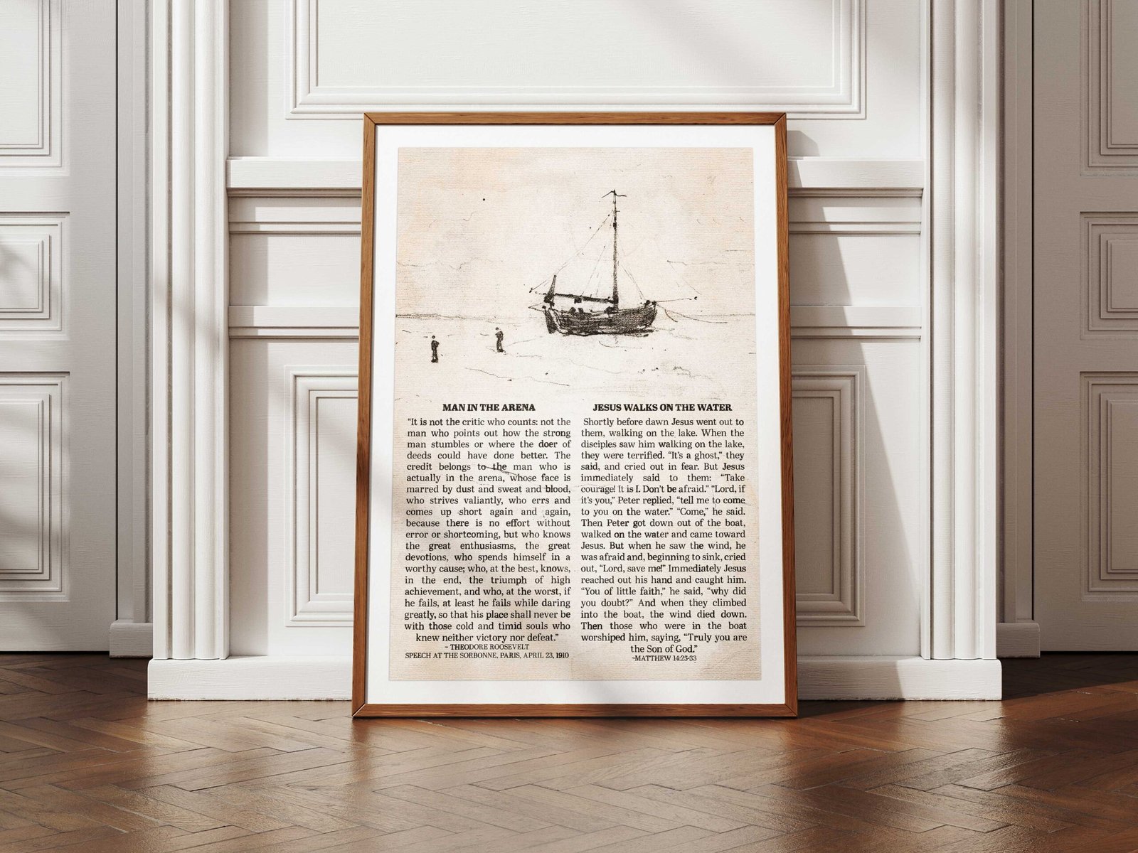 Matthew 14:25–33 Scripture Wall Art Peter Walking on Water Christian Wall Art combined with Man in the Arena Theodore Roosevelt Print
