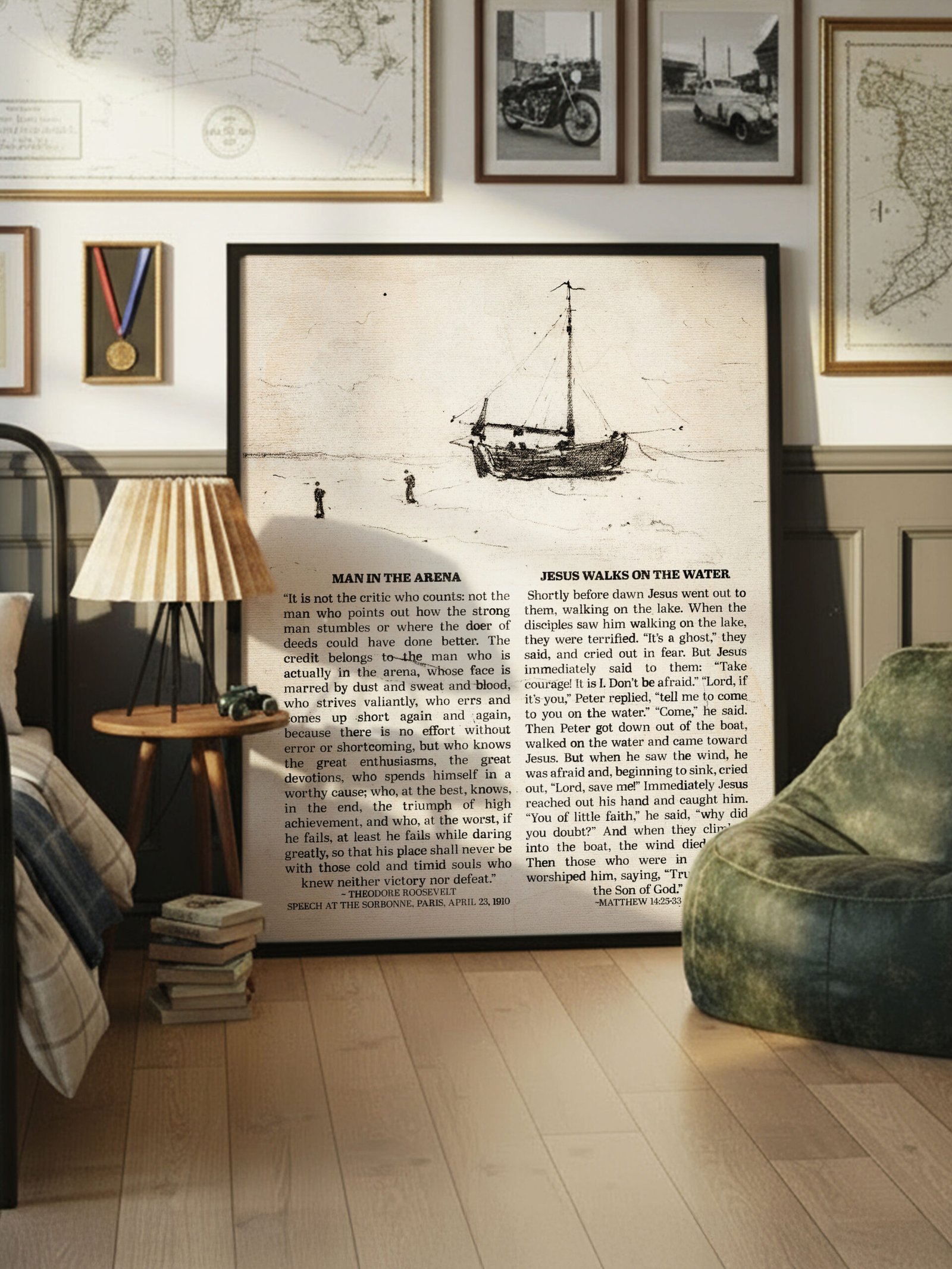 Matthew 14:25–33 Scripture Wall Art Peter Walking on Water Christian Wall Art combined with Man in the Arena Theodore Roosevelt Print - Image 3