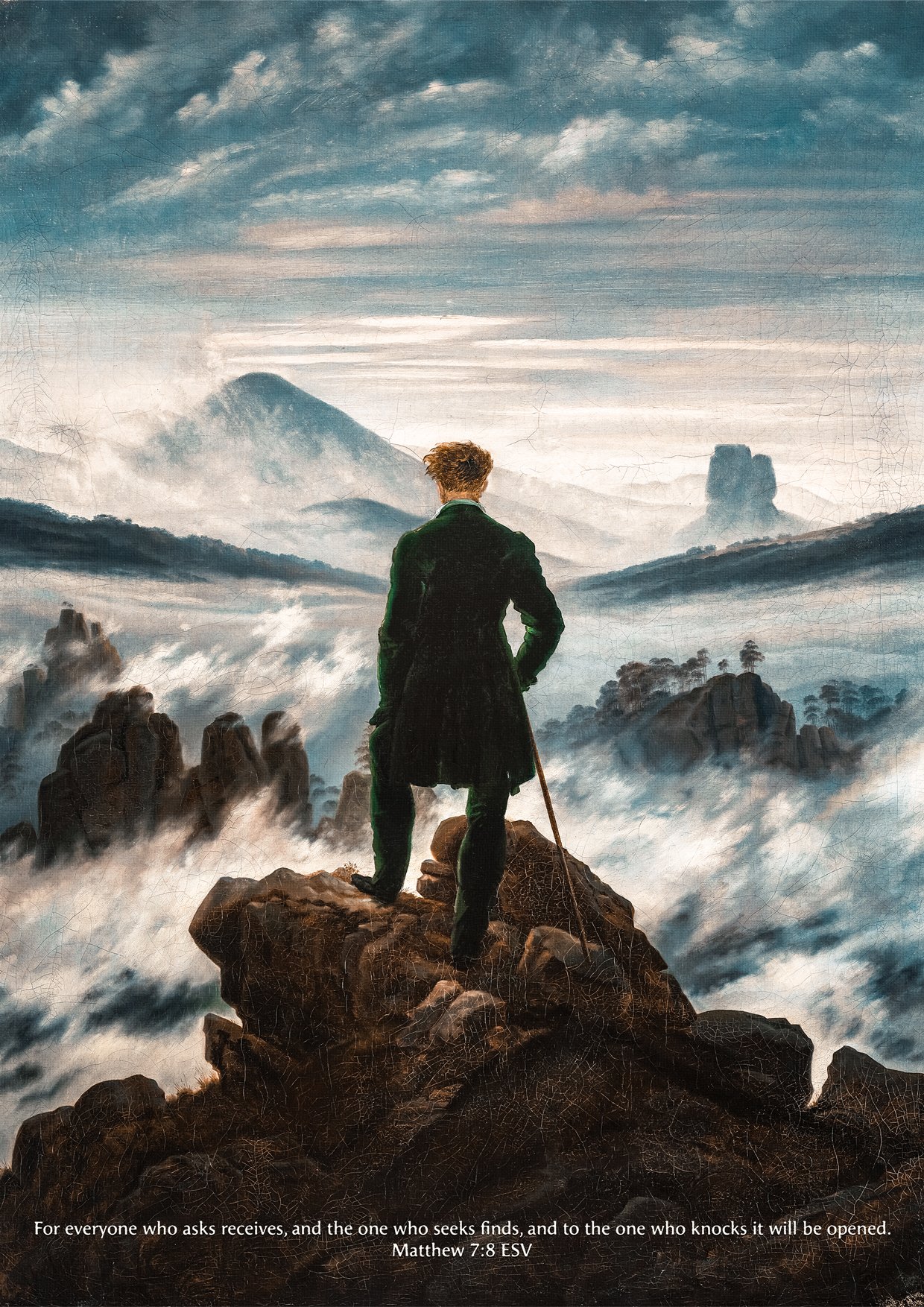 Matthew 7:8 Scripture Wanderer above the Sea of Fog by Caspar David Friedrich Vintage Bible Verse Art Moody Christian Wall Decor - Image 4