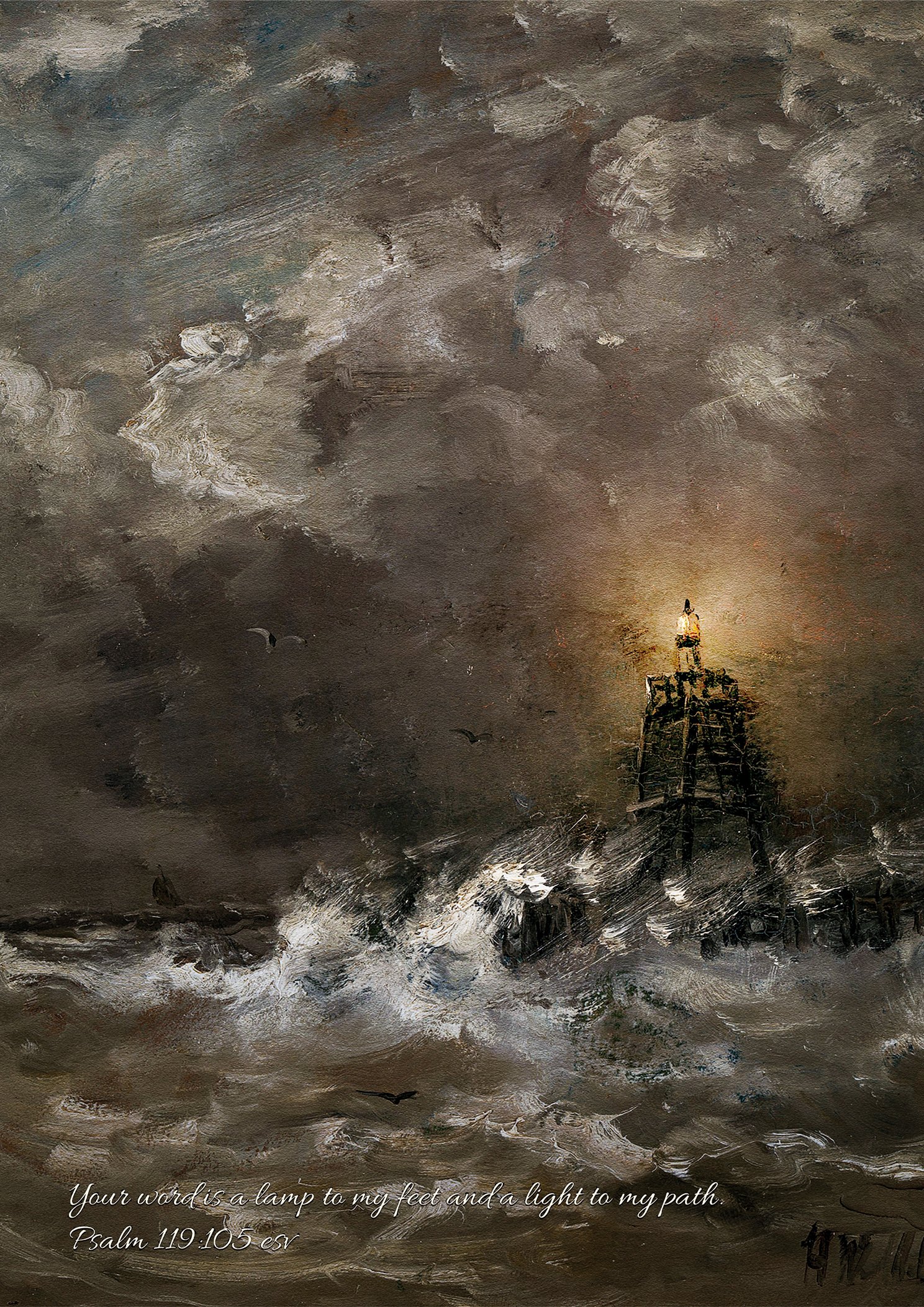 Bible Verse Psalms 119:105 Nautical Print Vintage Lighthouse Christian Wall Art Lighthouse in Breaking Waves by Hendrik Willem Mesdag - Image 4