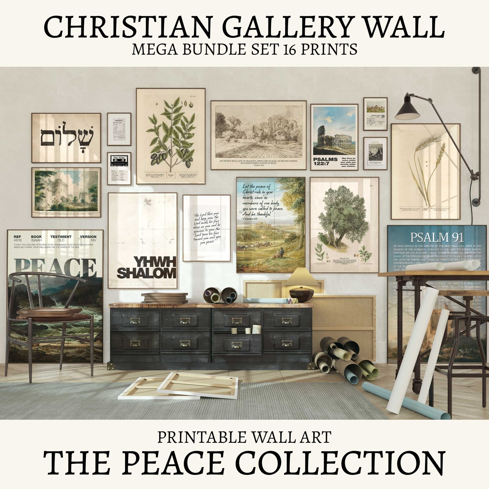 Christian Gallery Wall Mega Bundle 16 Vintage Bible Verse Prints Peace Collection (Digital Download)