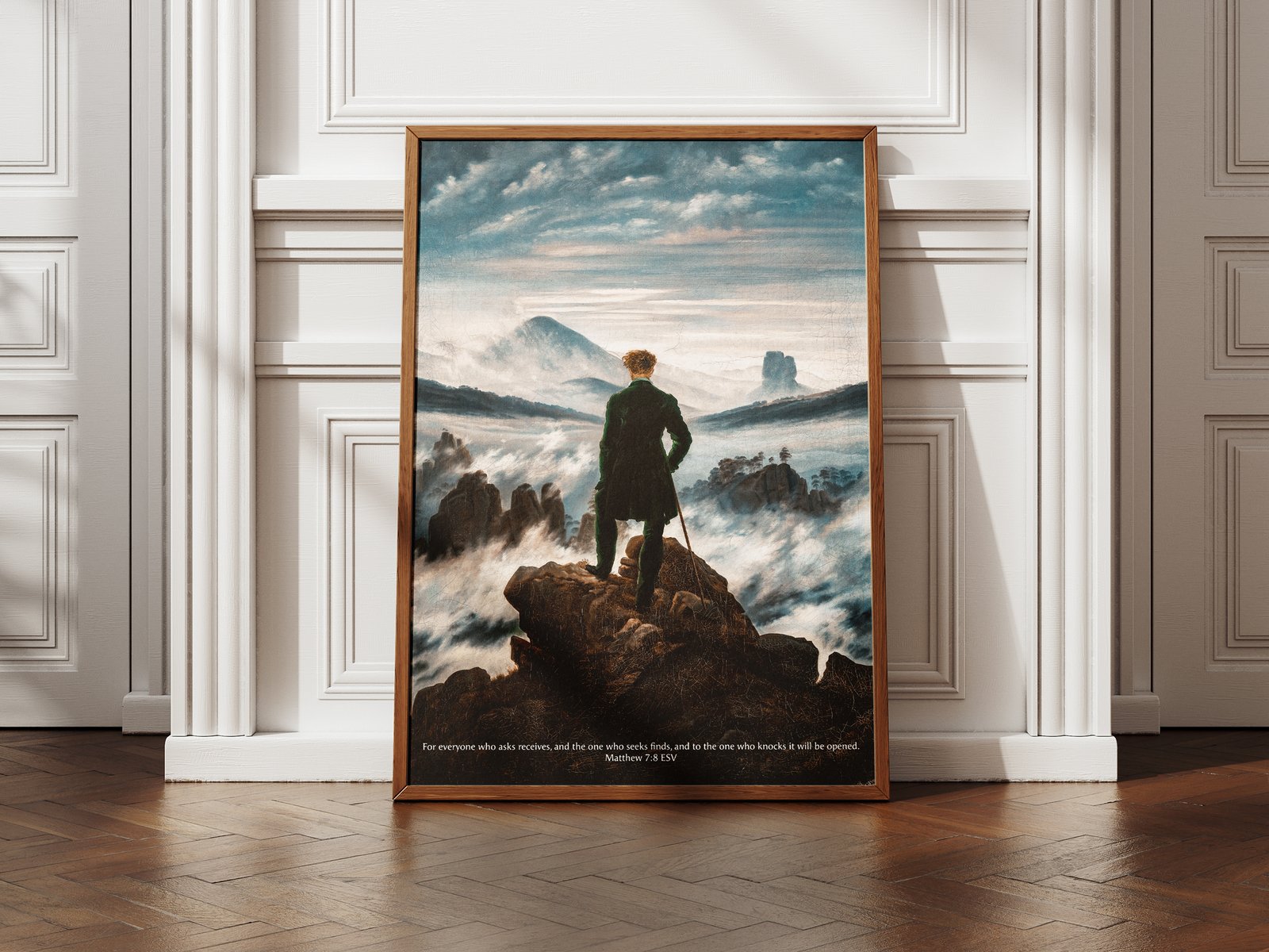 Matthew 7:8 Scripture Wanderer above the Sea of Fog by Caspar David Friedrich Vintage Bible Verse Art Moody Christian Wall Decor