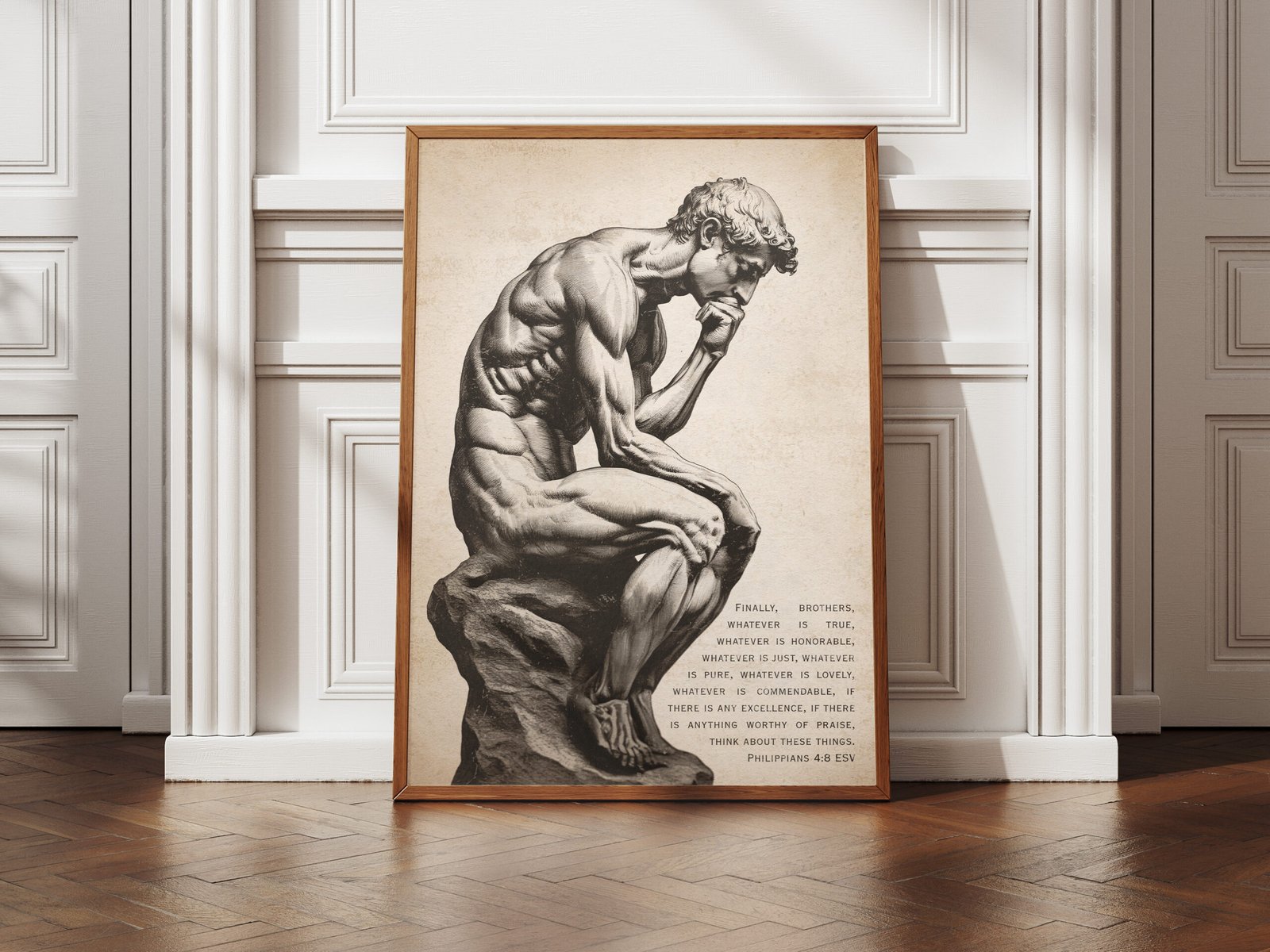 Philippians 4:8 Masculine Vintage Bible Verse Digital Print Christian Antique Wall Art 'The Thinker' Downloadable Printable Wall Decor