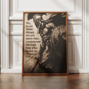Romans 8:37 Bible Verse Art Conqueror Spartan Warrior Digital Print Instant Download Moody Vintage Christian Wall Art for Men
