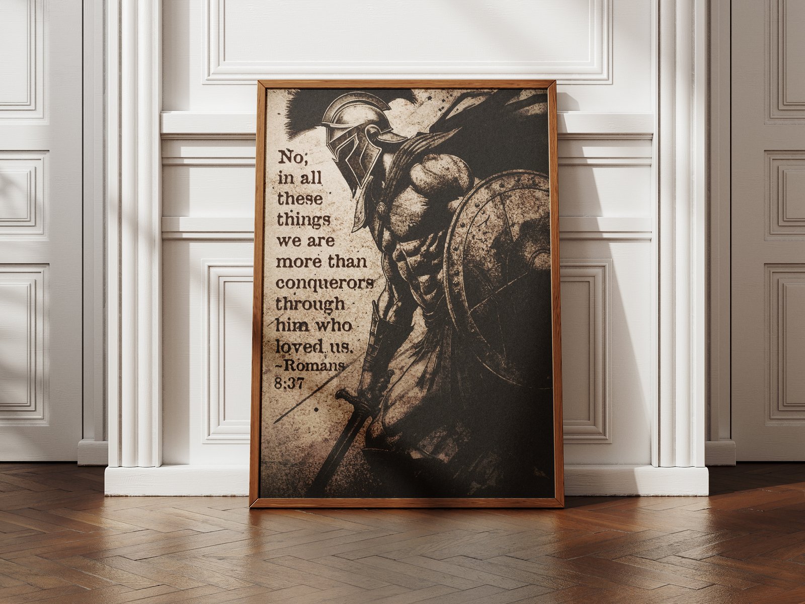 Romans 8:37 Bible Verse Art Conqueror Spartan Warrior Digital Print Instant Download Moody Vintage Christian Wall Art for Men