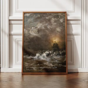 Bible Verse Psalms 119:105 Nautical Print Vintage Lighthouse Christian Wall Art Lighthouse in Breaking Waves by Hendrik Willem Mesdag