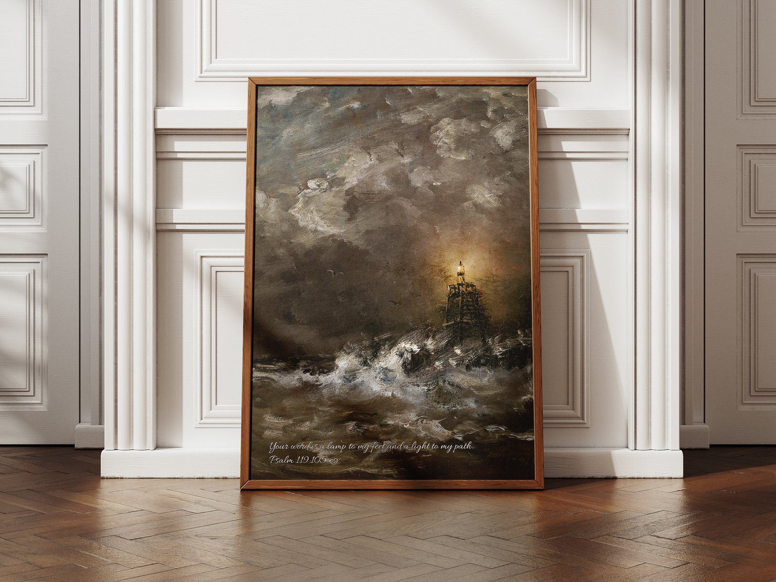 Bible Verse Psalms 119:105 Nautical Print Vintage Lighthouse Christian Wall Art Lighthouse in Breaking Waves by Hendrik Willem Mesdag