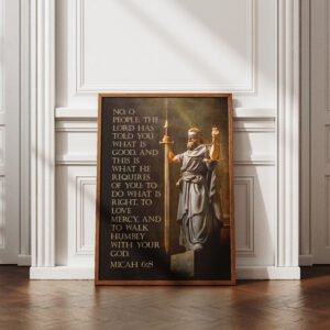 Alternative view of Micah 6:8 Bible Verse Moody Vintage Christian Wall Art for Men Digital Print Blindfolded Man of Justice Instant Download
