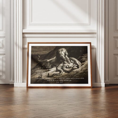 Luke 10:19 Bible Verse Art Print Originally Lion Attacking A Large Python Snake by Herbert Thomas Dicksee Vintage Christian Wall Art