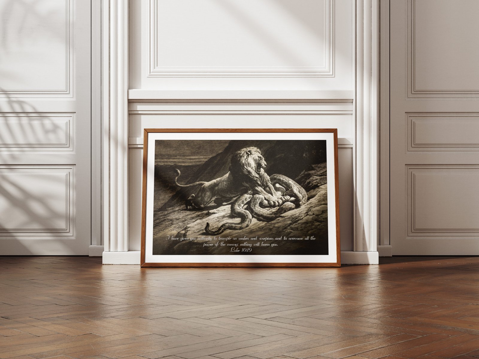 Luke 10:19 Bible Verse Art Print Originally Lion Attacking A Large Python Snake by Herbert Thomas Dicksee Vintage Christian Wall Art