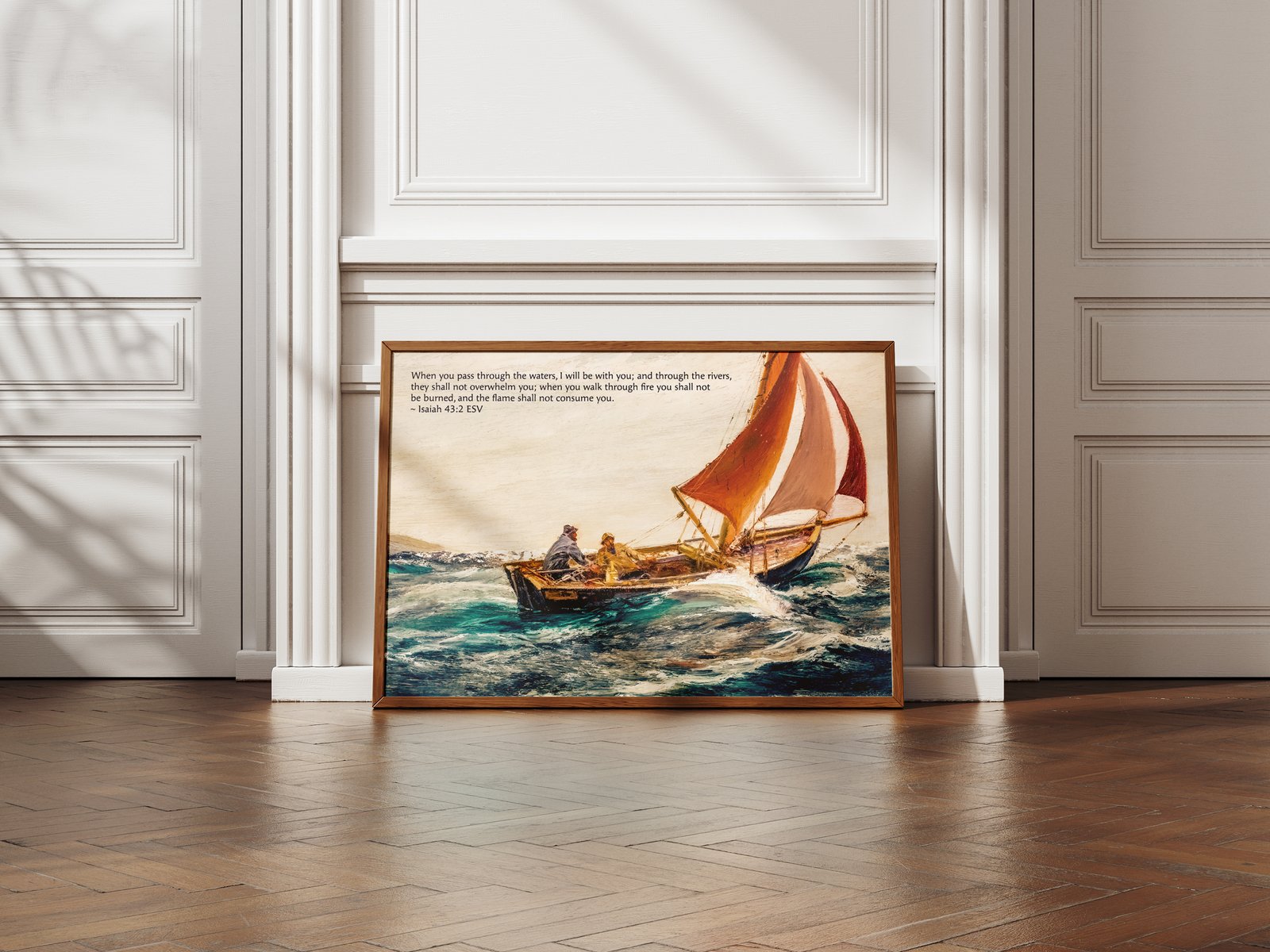 Isaiah 43:2 Christian Wall Art Bible Verse Art Vintage Fishing Boat Digital Print Christian Wall Decor for Men