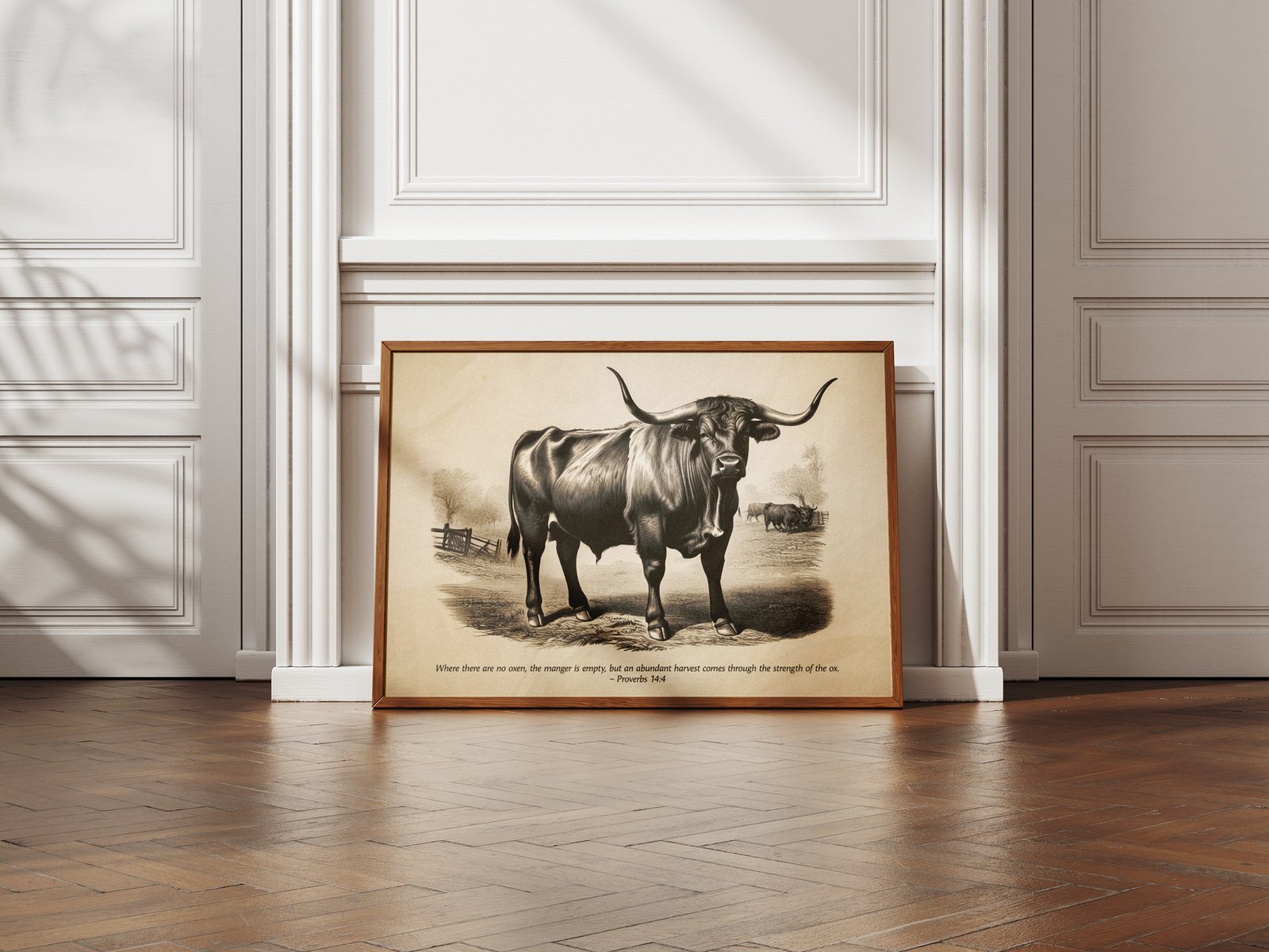 Proverbs 14:4 Vintage Oxen Sketch Christian Wall Art "Strength of an Ox” Digital Art Print Farmhouse Wall Art Rustic Christian Decor