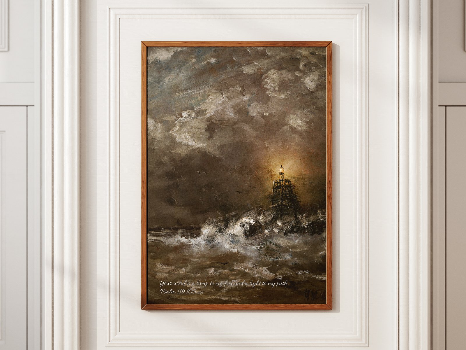 Bible Verse Psalms 119:105 Nautical Print Vintage Lighthouse Christian Wall Art Lighthouse in Breaking Waves by Hendrik Willem Mesdag - Image 2