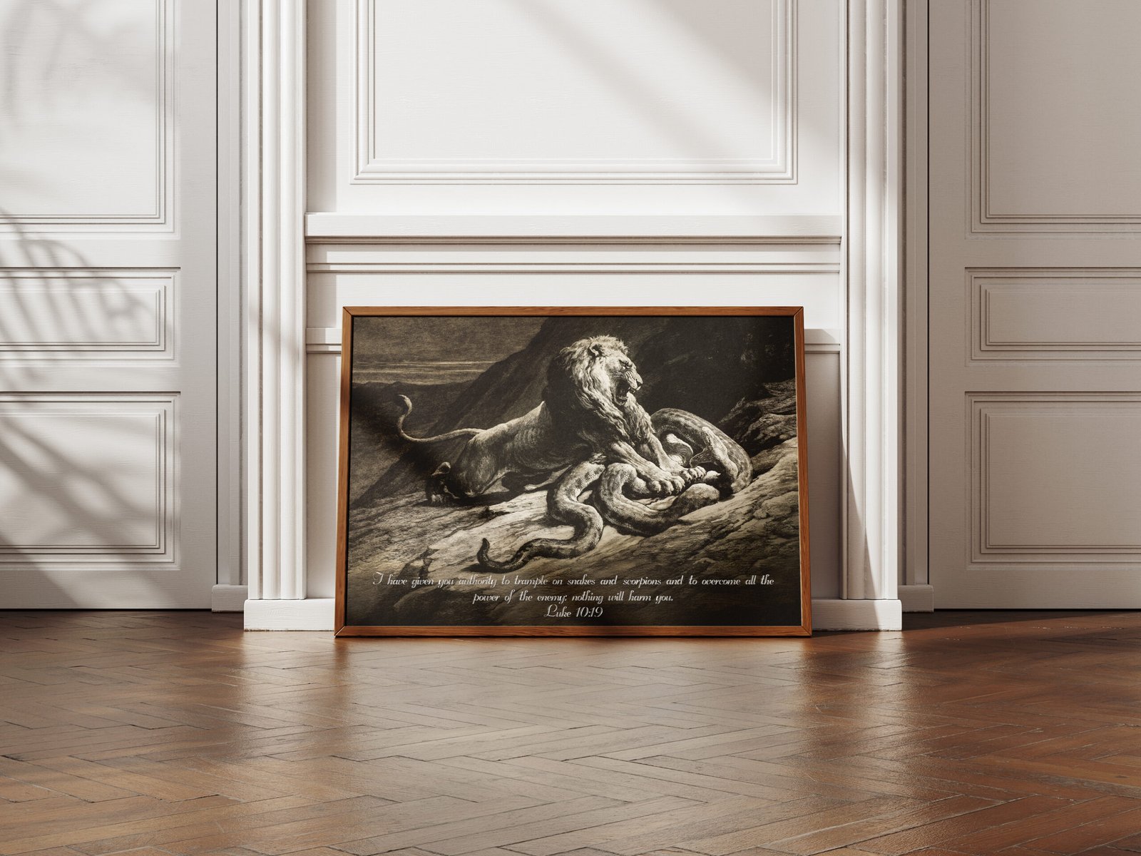 Luke 10:19 Bible Verse Art Print Originally Lion Attacking A Large Python Snake by Herbert Thomas Dicksee Vintage Christian Wall Art - Image 2