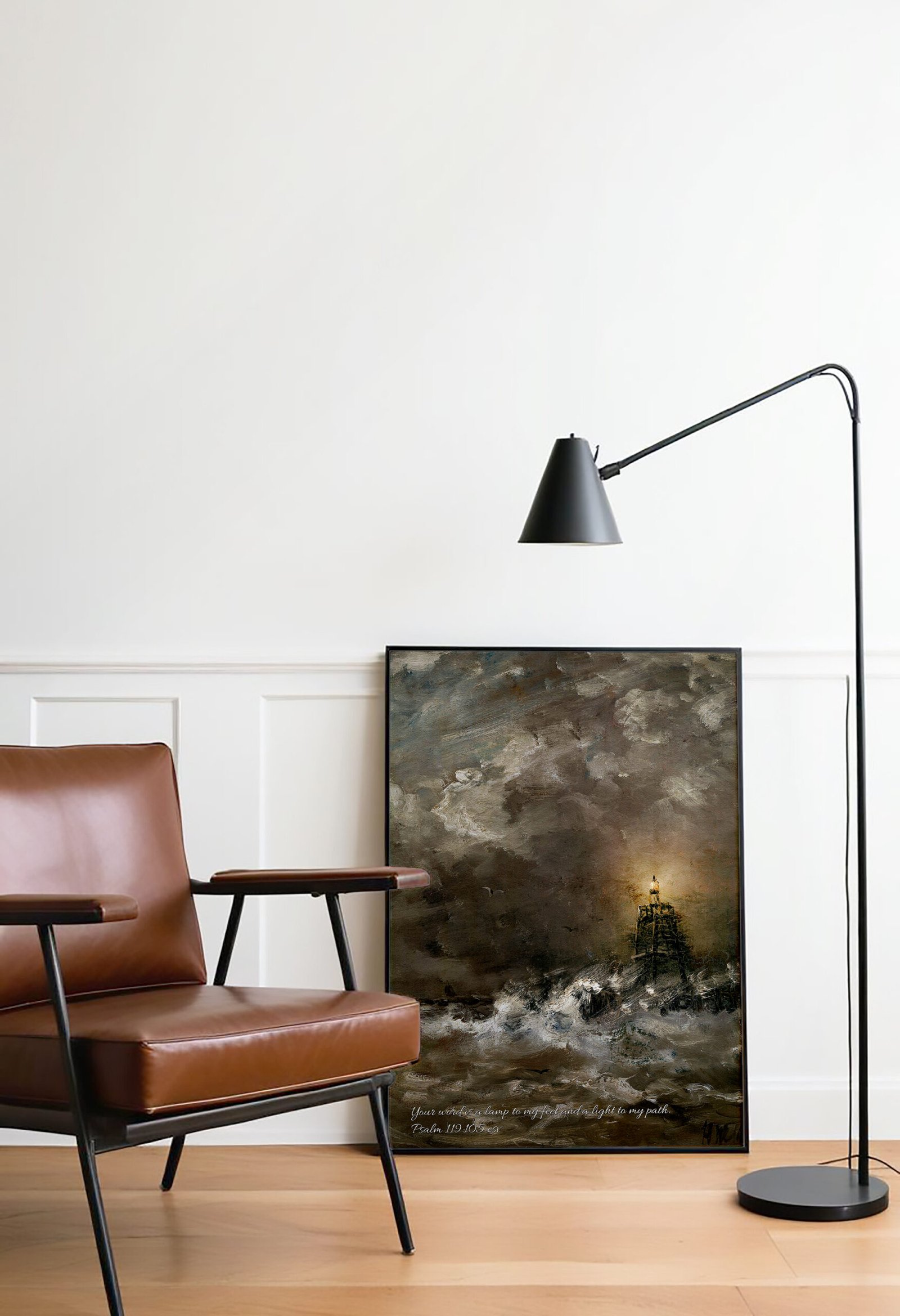 Bible Verse Psalms 119:105 Nautical Print Vintage Lighthouse Christian Wall Art Lighthouse in Breaking Waves by Hendrik Willem Mesdag - Image 3